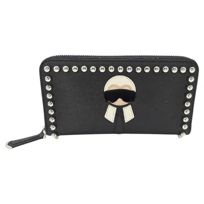 Pre-owned Fendi Karlito Karl Lagerfeld Leather Studded Continental Wallet In Black
