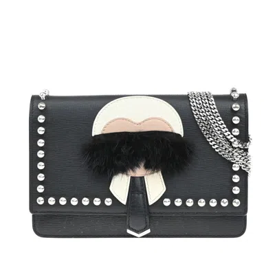 Pre-owned Fendi Karlito Wallet On Chain Studded Saffiano Leather Black Leather Shoulder Bag Bag ()