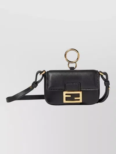 Fendi Keyring Keychain Adjustable Strap Goldtone Hardware In Black