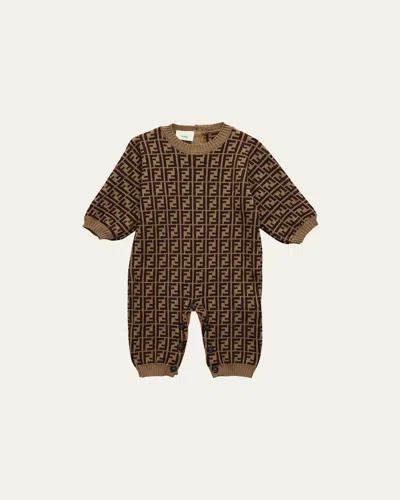 Fendi Kid's Cashmere-blend Ff Knit Romper In Brown