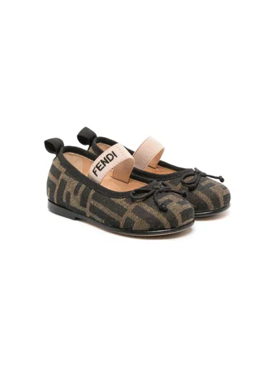 Fendi Kids' Ballet Flats For Girl With All-over Ff Logo In Tobacco