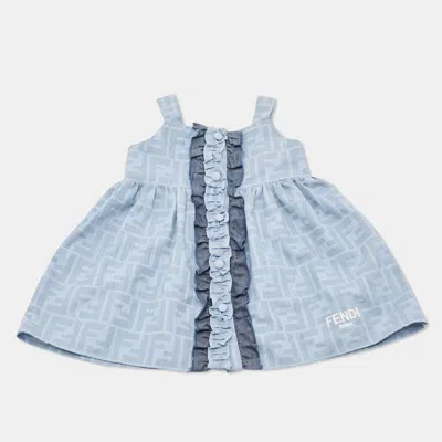 Pre-owned Fendi Kids Blue Logo Print Chambray Ruffled Detail Dress 6 Months