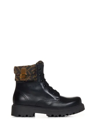 Fendi Kids' Girl's Ff Monogram Leather Lace-up Boots In Black