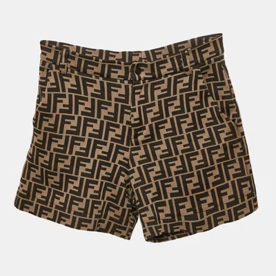 Pre-owned Fendi Kids Brown Zucca Pattern Jacquard Knit Shorts 10 Yrs