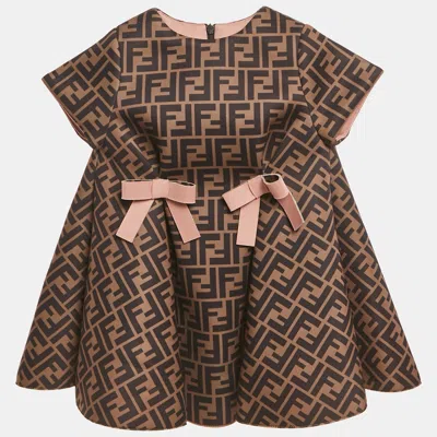 Pre-owned Fendi Kids Brown Zucca Print Knit Bow Detail Dress 18 M