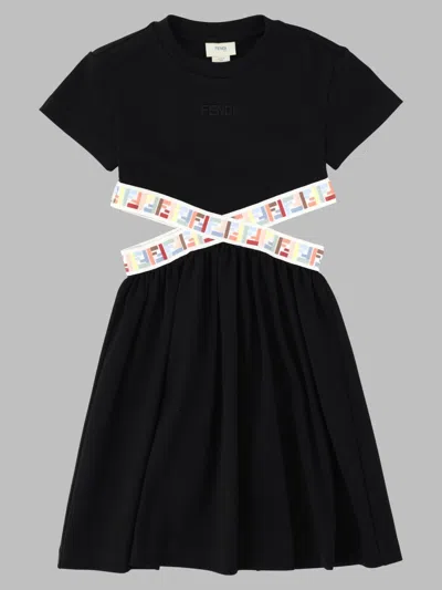Fendi Kids Cotton Interlock Gown Dress In Black