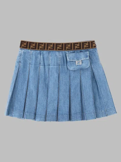 Fendi Kids Denim Mini Skirt With Pleated Detail And Micro Baguette Embellishment In Multi