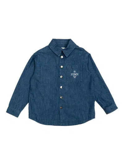 Fendi Kids Denim Shirt With Logo In Blue