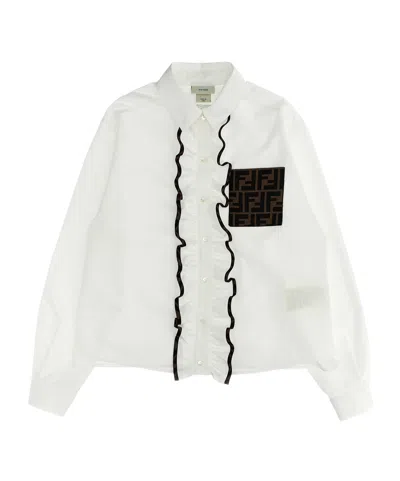 Fendi Kids Ff Jacquard Ruffled Poplin Shirt In White