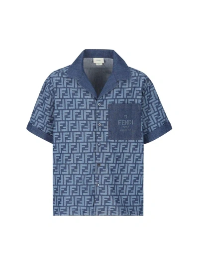 Fendi Kids Ff Jacquard Short Sleeved Shirt In Blue