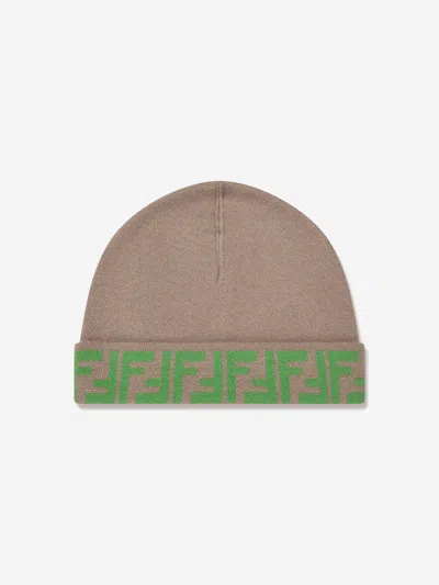 Fendi Babies' Ff Logo Reversible Beanie In Beige