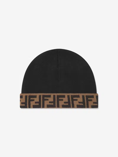 Fendi Kids Ff Logo Reversible Beanie In Brown