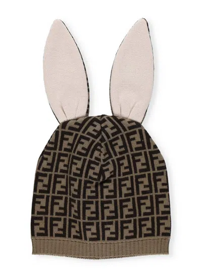 Fendi Kids Ff Motif Bunny Ears Beanie In Brown