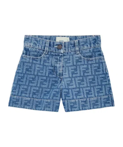 Fendi Kids Ff Motif Denim Shorts In Blue