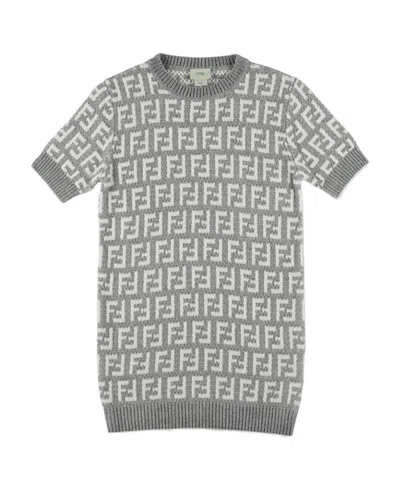 Fendi Girls Grey Knitted Ff Monogram Dress In Gray