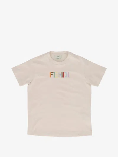 Fendi Kids Girl Cotton Front Embroidered T-shirt In Neutral