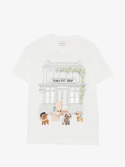 Fendi Kids Girl Mini Crew Neck Cotton T-shirt With Front Embroidered Print In White