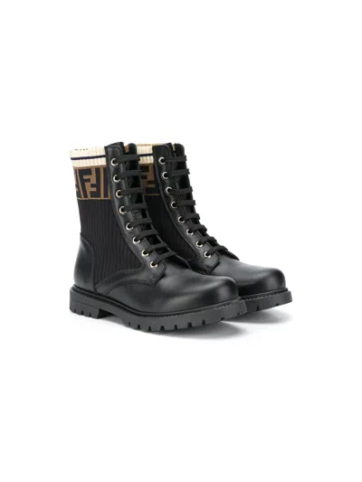 Fendi Kids Girl Mini Stretch Fabric High-top Sneakers With Ff Trim In Nero