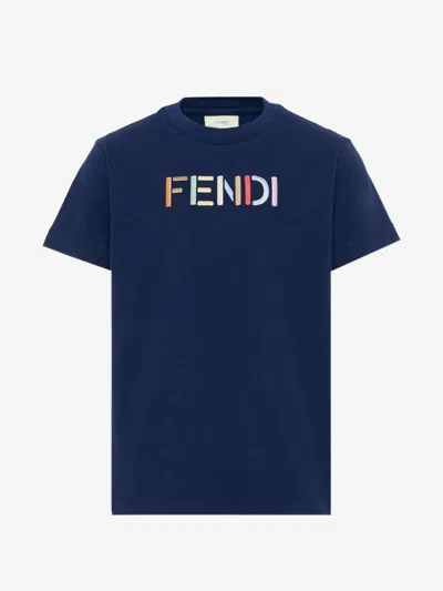 Fendi Kids Girls 100% Cotton Embroidered Front T-shirt, Made In Portugal In Blue