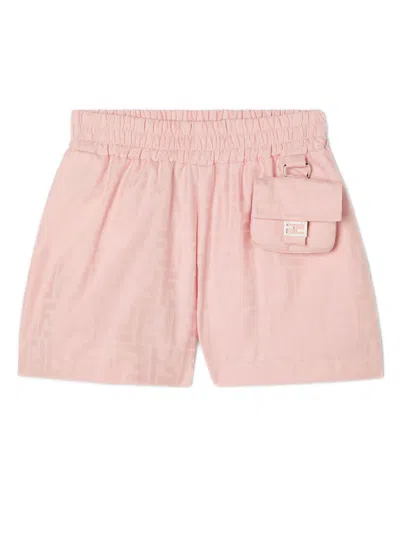 Fendi Kids Girls' Cotton Jacquard Mini Shorts With All-over Logo And Appliqué In Rosa