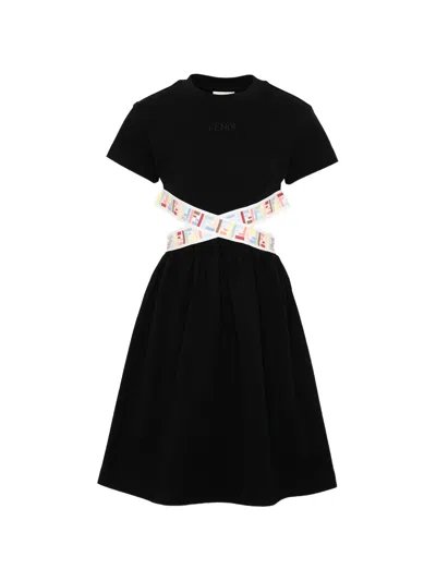 Fendi Kids Girls Cotton Mini Crew Neck Dress With Ff Band Cutout And Embroidered Logo In Black