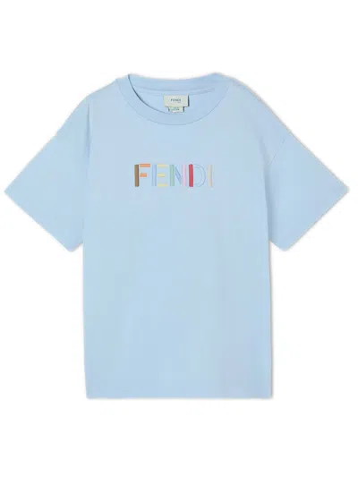 Fendi Kids Girls' Mini Embroidered Cotton T-shirt In Azzurro