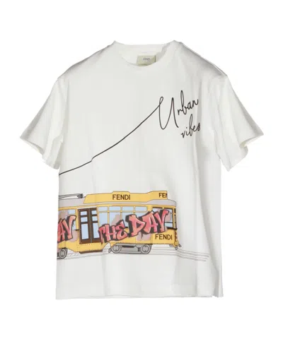 Fendi Kids Graphic Tram Print T-shirt In White