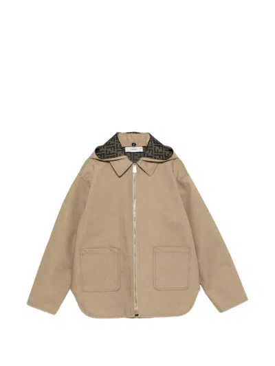 Fendi Kids Hooded Denim Jacket With Monogram In Brown