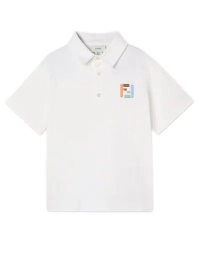 Fendi Kids Junior Mini Polo Shirt With Multicolor Embroidery In Neutral