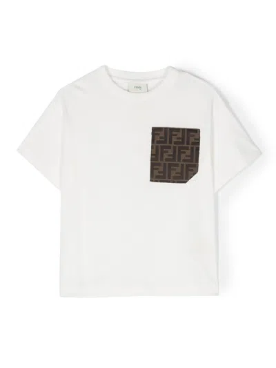 Fendi Kids Junior Mini T-shirt With Jacquard Pocket And Logo In White