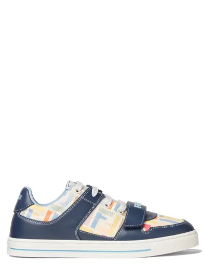 Fendi Kids Junior Sneaker With Velcro Straps And Multicolor Logo Motif In Blue