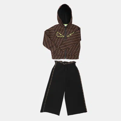 Pre-owned Fendi Kids Khaki Ff Neoprene Monster Eye Pants Hoodie Jacket Set 8 Yrs In Brown