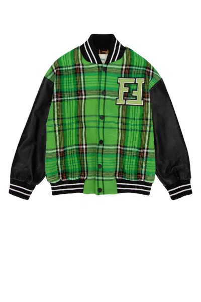 Fendi Kids Plaid Wool Bomber Jacket In Green