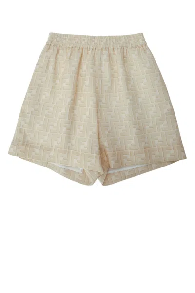 Fendi Kids Kids Linen Bermuda Shorts With Ff Shadow Print In Beige