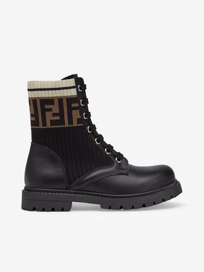 Fendi Kids Leather Ff Logo Biker Boots In Brown