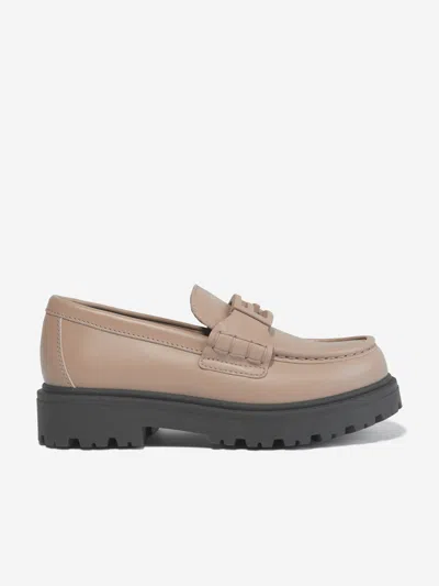 Fendi Kids Leather Logo Loafers In Beige