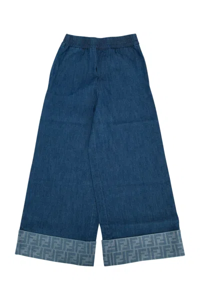 Fendi Kids Kids Light Denim Pants With Embroidered Detail In Blue