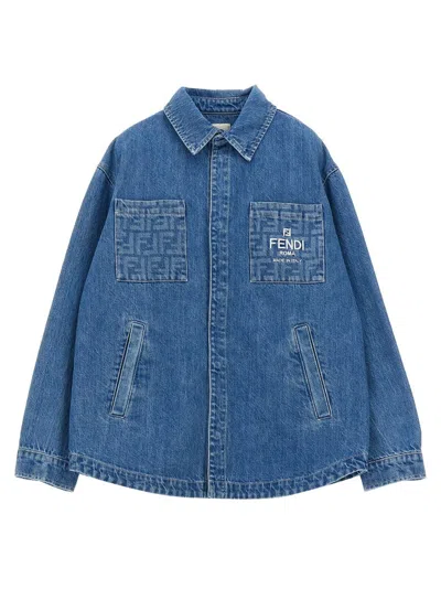 Fendi Kids Logo Embroidered Denim Shirt In Blue