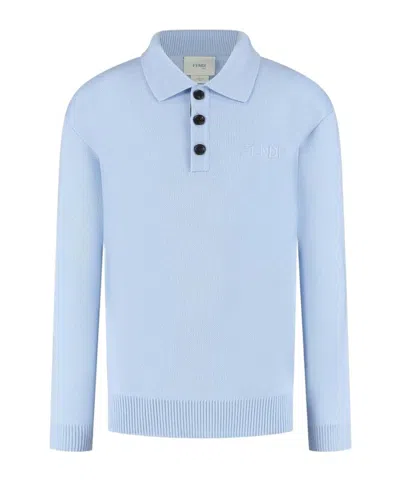 Fendi Kids Logo-embroidered Long Sleeved Polo Shirt In Blue