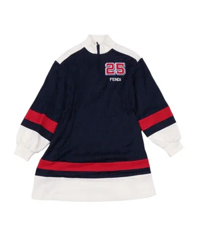 Fendi Kids Logo Embroidered Midi Dress In Blue