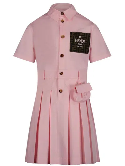 Fendi Kids Logo Embroidered Pleated Dress In Pink