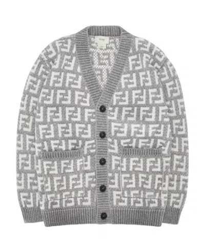 Fendi Kids Logo Jacquard V-neck Buttoned Cardigan In Gray