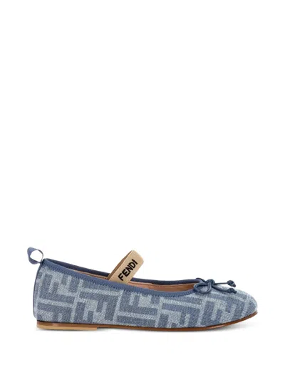 Fendi Kids Mini All-over Logo Ballerina Flats With Front Bow In Blu