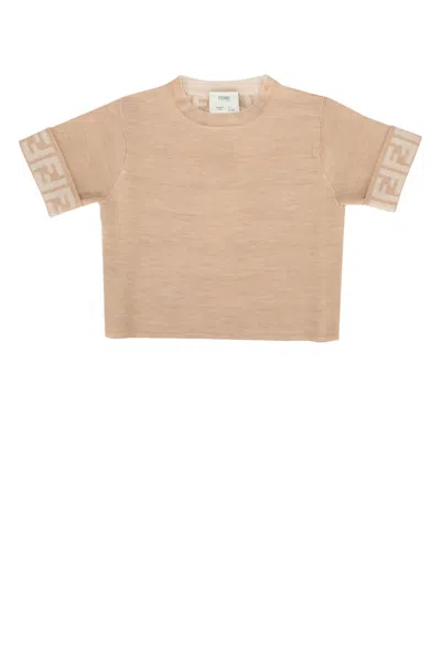Fendi Kids Mini Cotton Knit Sweater In Buff