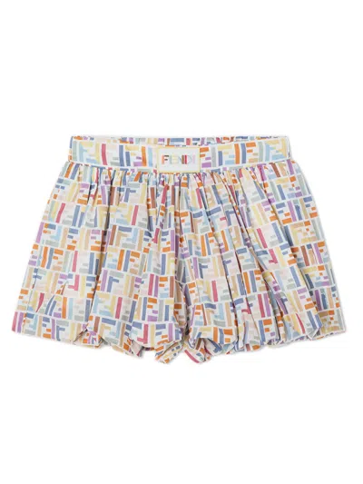 Fendi Kids Mini Cotton Muslin Shorts With All-over Logo And Sophisticated Waist In Multicolor