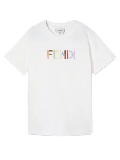 Fendi Kids Mini Embroidered Graphic Tee For Girls In White