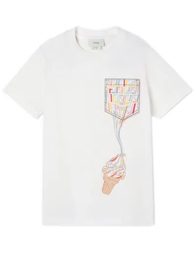 Fendi Kids Mini Graphic T-shirt With Pocket Print In Bianco