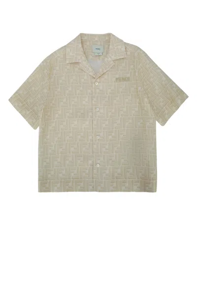 Fendi Kids Mini Linen Shirt With Embroidered Ff Shadow Detail In F1p2n