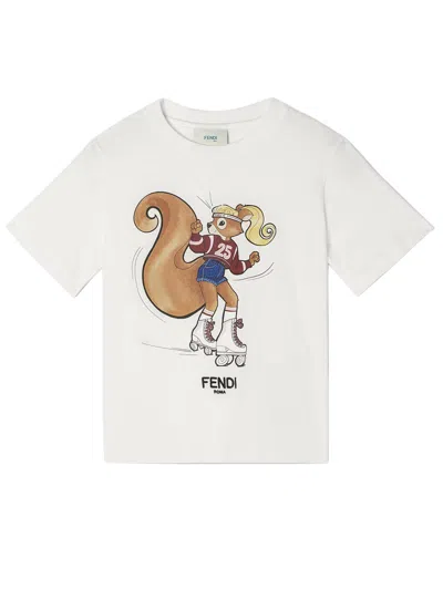Fendi Kids Mini Multicolor Squirrel Print T-shirt In White