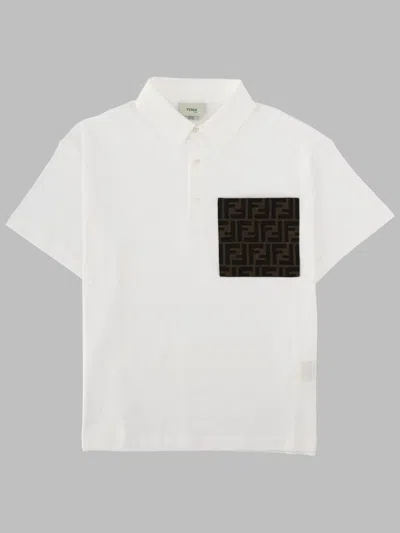 Fendi Kids Mini Polo Shirt In Soft Cotton Jacquard With Pocket In White
